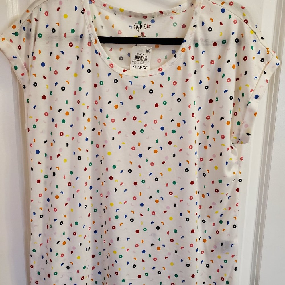 Style & Co white short sleeve multicolor dot knit top size XL